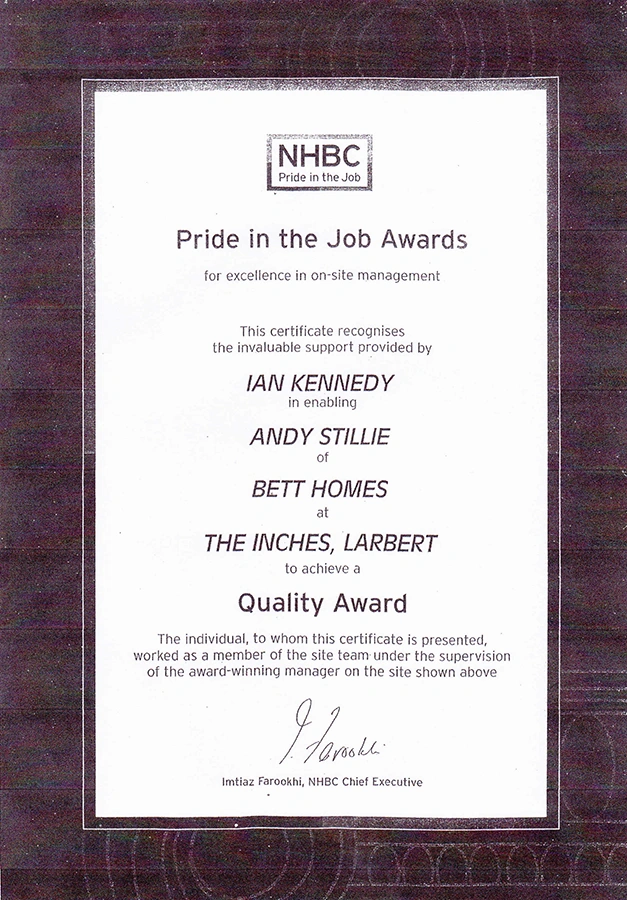 NHBC Pride in the Job Quality Award certificate recognising Ian Kennedy
