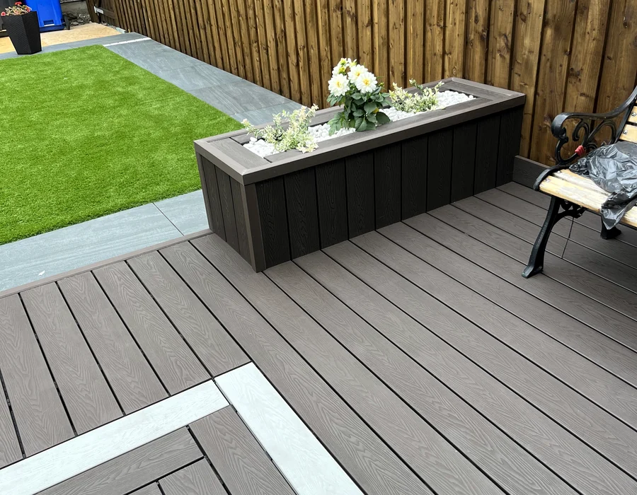 Completed composite decking with built-in planter